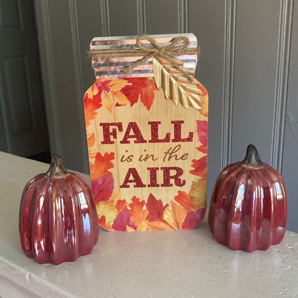 🆕2 Cranberry Pearl Porcelain Pumpkins & Fall Is In The Air Wood Mason Jar Sign - Picture 5 of 17